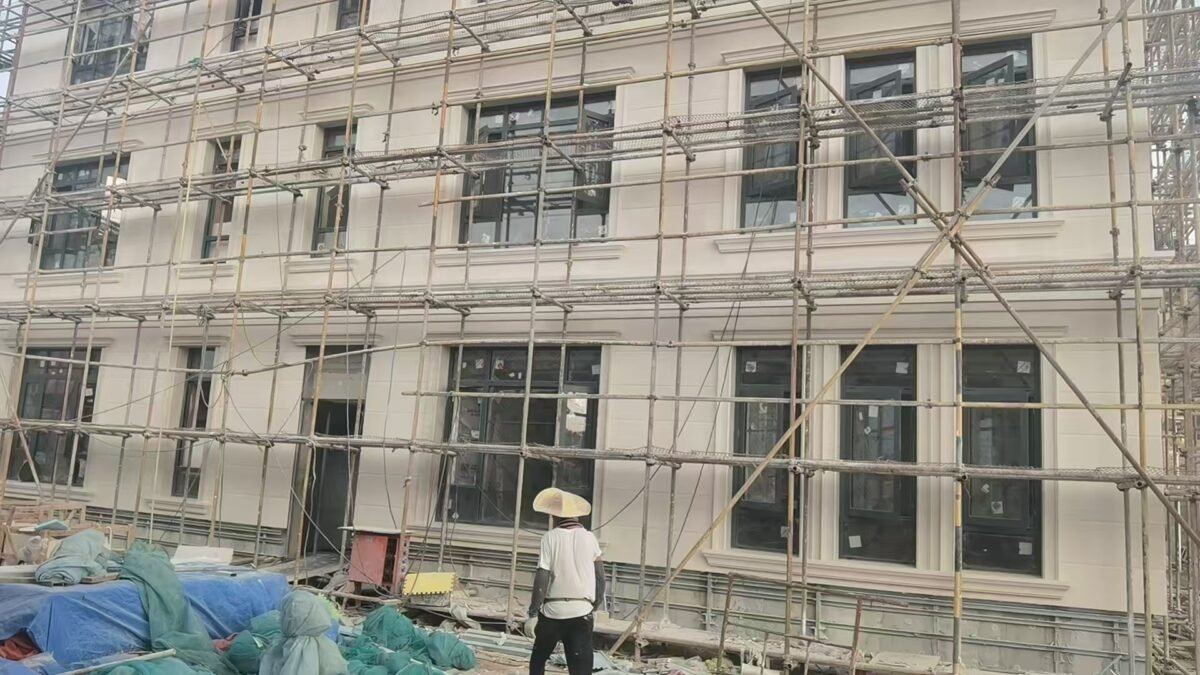 natural limestone facade cladding on modern building exterior